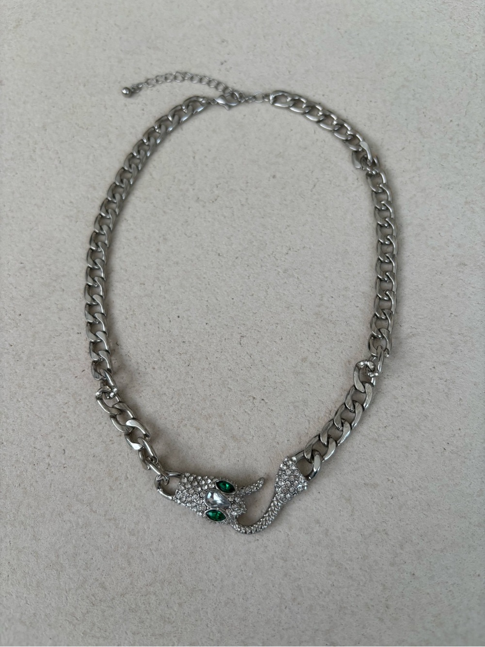 Silver-Tone Chain Snake/Serpent Necklace with Crystal Details and Green Eyes - Picture 3 of 6